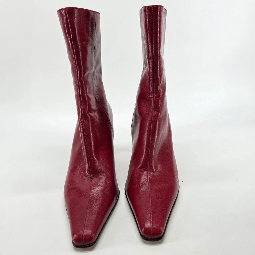 Antonio Melani Ankle Boots Cherry Red Leather 7 M Pointed Toe Kitten Heels Y2K